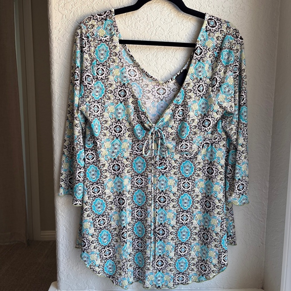 Women L Y2K Blouse Teal Brown‎ 3/4 Sleeve V-Neck Tie Front Lettuce Medallion